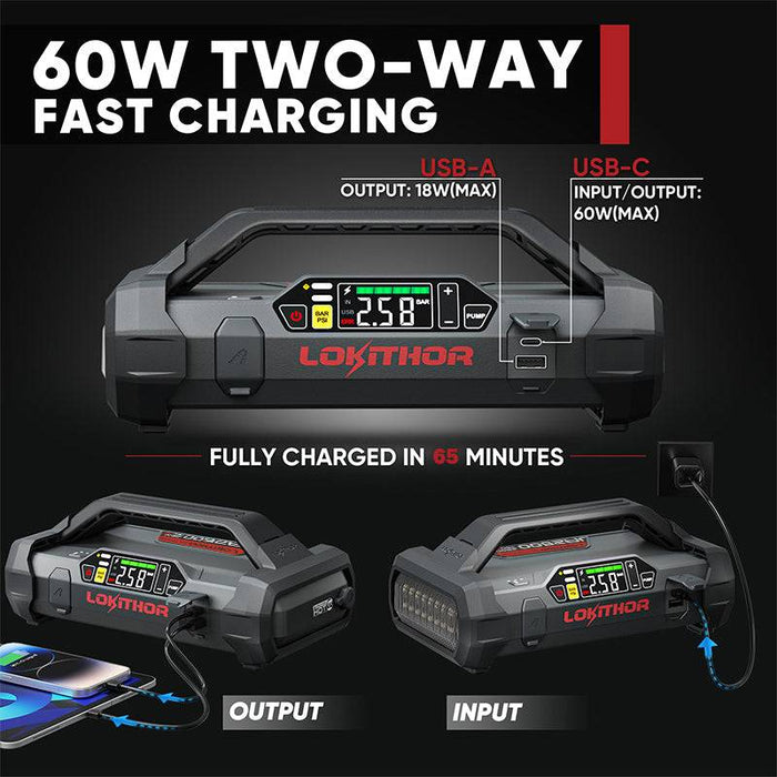 Black LOKITHOR JA2500 Jump Starter & Inflator with LiFePO4-Tech 2500Amp Vehicle Jump Starters