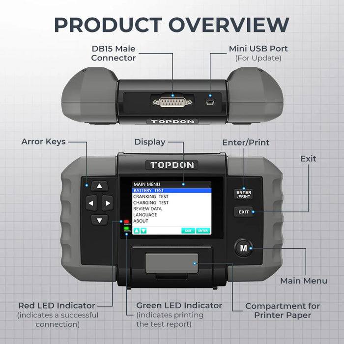 Light Gray TOPDON BT600 12V 24V Battery Tester Analyzer for Car Heavy Duty Truck w/ Printer Vehicle Battery Testers