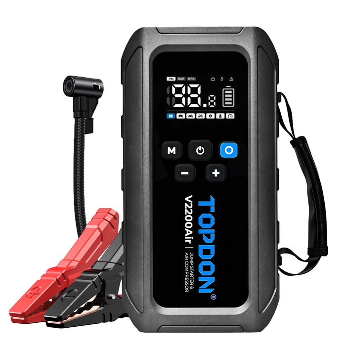 Black Topdon V2200AIR 2200A Vehicle Jump Stater, Tyre Inflater, Power Bank Vehicle Jump Starters