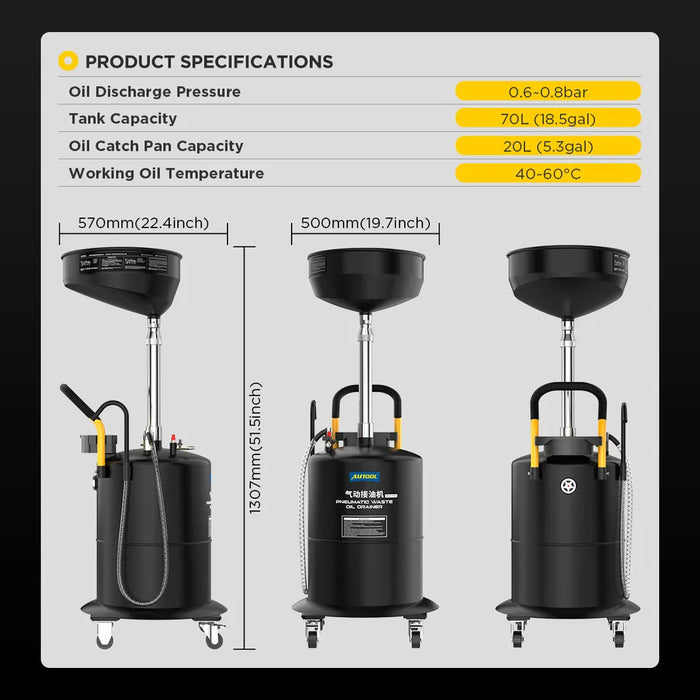 Light Gray AUTOOL 70L Pneumatic Self Evacuating Waste Oil Drainer Oil Drain