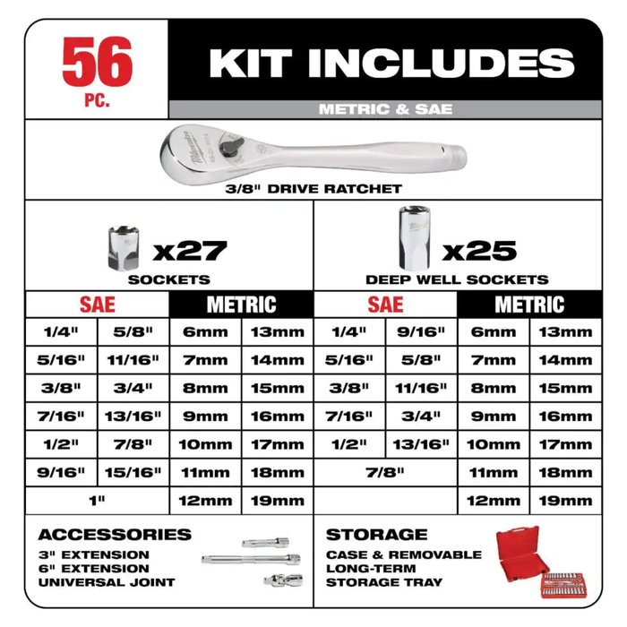 Black Milwaukee 3/8 in. Drive SAE/Metric Ratchet and Socket Mechanics Tool Set (56 piece) Socket Sets