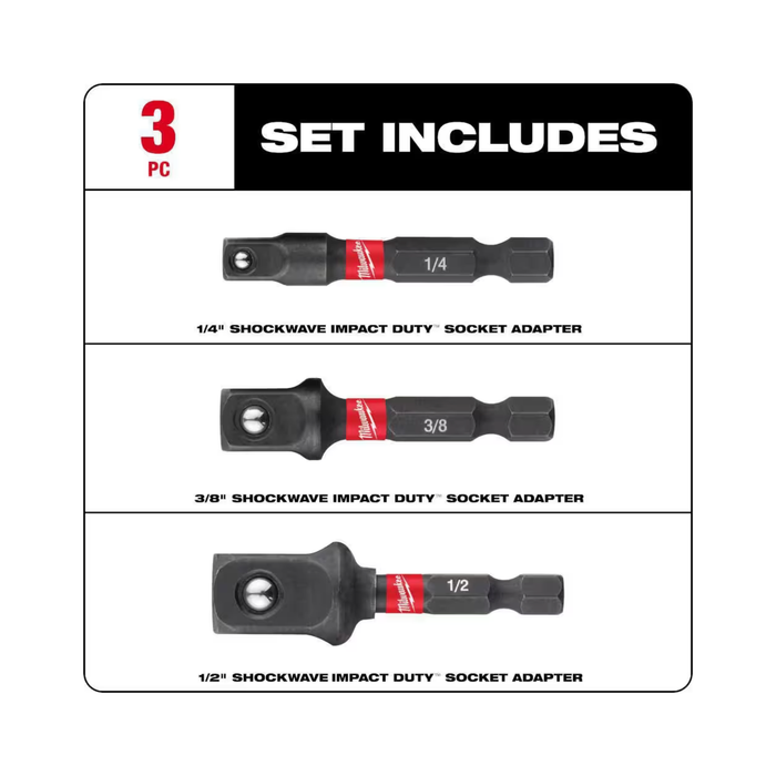 Black Milwaukee SHOCKWAVE Impact Duty 1/4 in. Hex Shank Socket Adapter Set (3-Piece) Drill & Screwdriver Bits