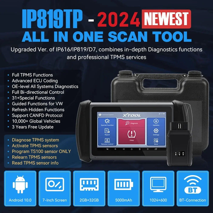 Black XTOOL IP819TP Car Diagnostic Scan tool, Key Coding, TPMS Tool Diagnostic Scanner