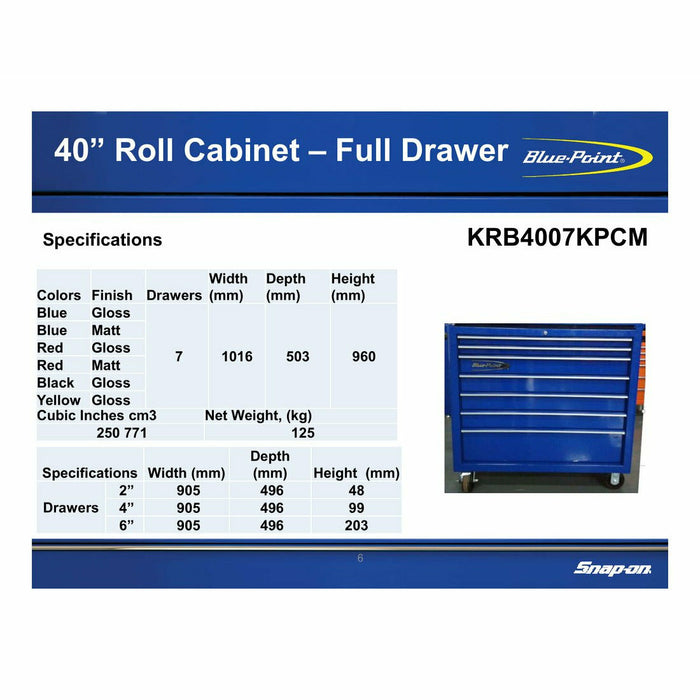 Dark Slate Blue Blue Point 7 Drawers, Classic Roll Cab, 40" KRB4007KPCM Tool Storage